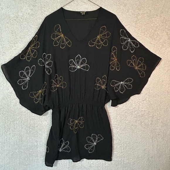 Black Tops - Beaded Bat Wing  Blouse V-Neck Elastic Waist Peplum Art Deco M